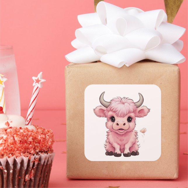 Adesivo Quadrado Floffy Pink Highlands - Vaca Escocesa (Festa)