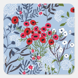 Adesivo Quadrado Flor branco azul-rosa vermelha