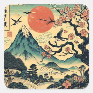 Adesivo Quadrado Flor de Cerejeira em Xilogravura Japonesa Montanha