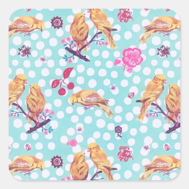 Adesivo Quadrado Flor de Cerejeira Primavera Pintada Pássaro Flores (Frente)