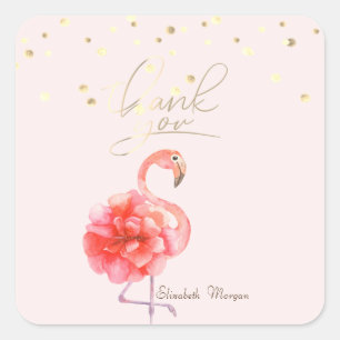 Adesivo Quadrado Flor de Flamingo Rosa, Confete Dourado Obrigado