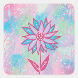 Adesivo Quadrado Flor de Pastel, desenhado à mão,