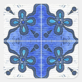Adesivo Quadrado Flor em Azul Inspirado por Azulejos Portugueses