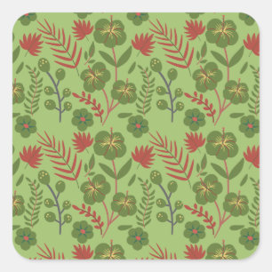Adesivo Quadrado Flor floral verde, sem costura, ramal, folha