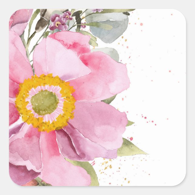 Adesivo Quadrado Flor rosa com aquarela (Frente)
