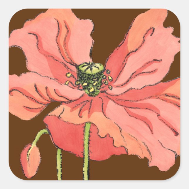 Adesivo Quadrado Flor rosa grande com fundo vermelho profundo (Frente)