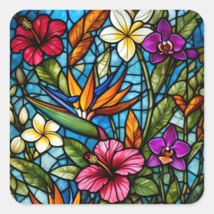 Adesivo Quadrado Floração Tropical em Vidro Pintado Floral Vibrante