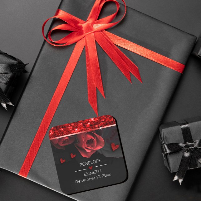Adesivo Quadrado Florais Vermelhos Pretos Escuros e Moosos (#zazlemade #BurgundyRed #darkmoody #weddingfavor #blackandred #gitterred #sparkles #heart #chic)