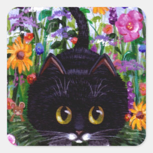 Adesivo Quadrado Floral Art Black Tuxedo Cat Flowers Criationarts