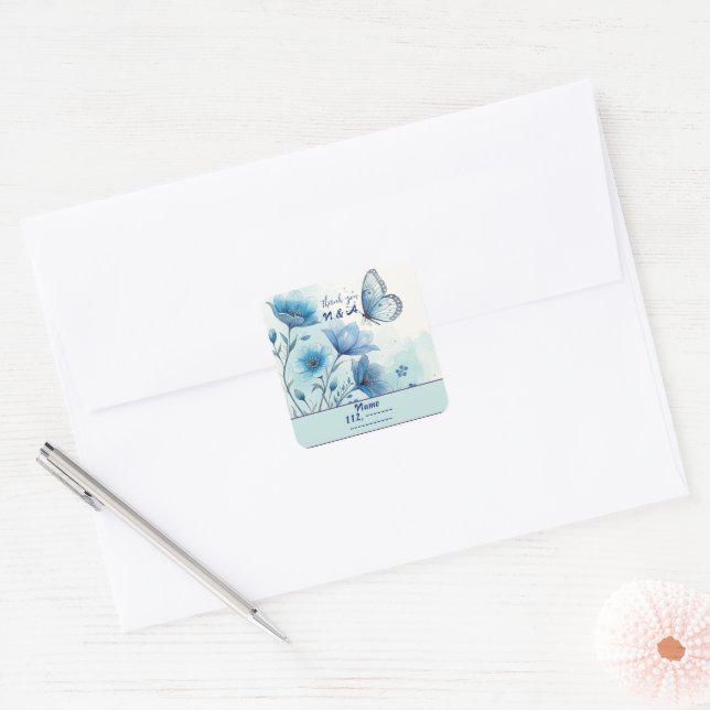 Adesivo Quadrado Floral Azul Elegante e Borboleta Personalizada (Envelope)