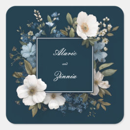 Adesivo Quadrado Floral Azul Elegante Marinho com Brilhos Brancos