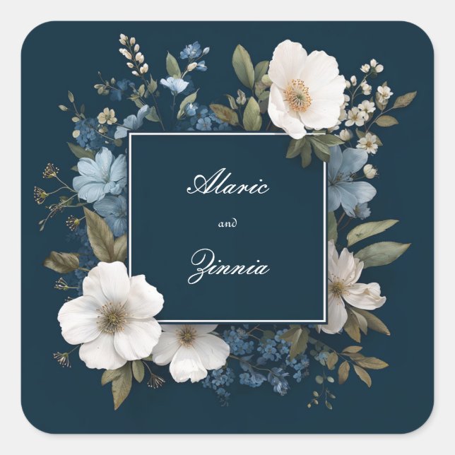 Adesivo Quadrado Floral Azul Elegante Marinho com Brilhos Brancos (Frente)