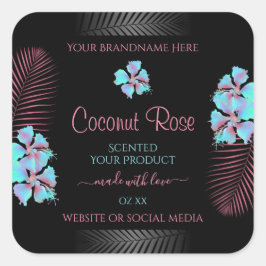 Adesivo Quadrado Floral Black Product Labels Teal e Pink Flowers