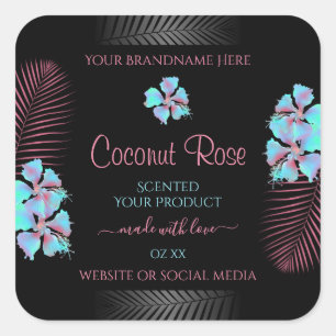 Adesivo Quadrado Floral Black Product Labels Teal e Pink Flowers