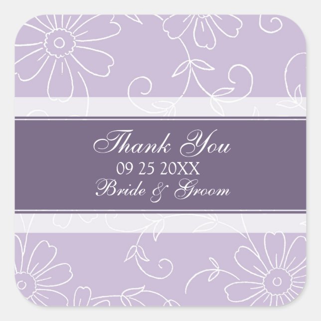 Adesivo Quadrado Floral Branca Roxo Obrigado Marcações De Favor De  (Frente)