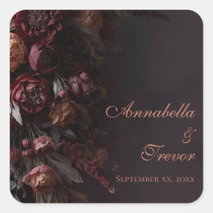 Adesivo Quadrado Floral Burgundy Romântico de Outono Escuro Nome Pe