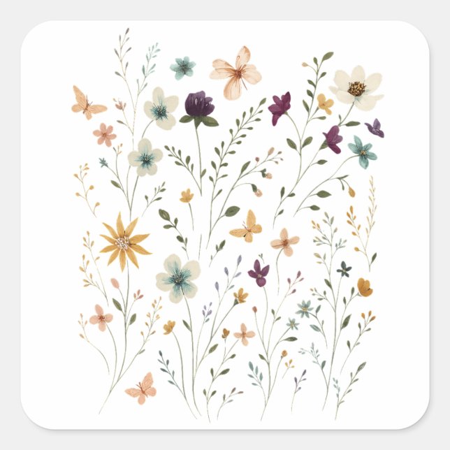 Adesivo Quadrado Floral & Butterfly,  Whimsical Garden-Inspired  (Frente)