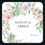 Adesivo Quadrado Floral Cor-de-rosa brilhante e bem-sucedido Obriga<br><div class="desc">Decorra os envelopes ou outros itens com o seu nome e adesivos florais brilhantes e suculentos cor-de-rosa-pincel modernos. Obrigado opcional que você escreve.</div>