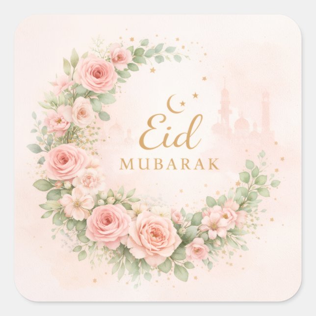 Adesivo Quadrado Floral Crescent Eid Mubarak Stickers– Soft Pink & (Frente)