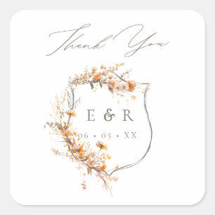 Adesivo Quadrado Floral Crest Monograma Casamento outono Obrigado