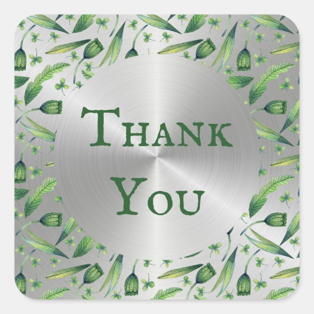 Adesivo Quadrado Floral de Aquarela Verde Elegante Obrigado (Frente)