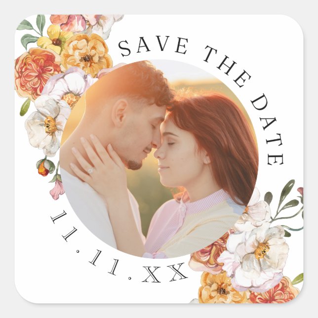 Adesivo Quadrado Floral de foto personalizado Salvar a data (Frente)
