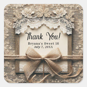 Adesivo Quadrado Floral de Renda Vintage em Sacaria de Aniversário 