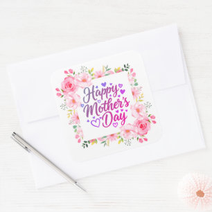 Adesivo Quadrado Floral em Aquarela Rosa "Feliz Dia das Mães"