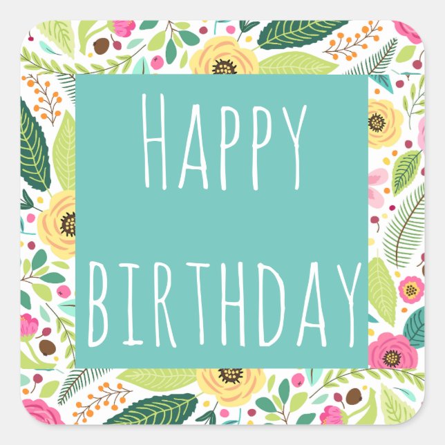 Adesivo Quadrado Floral Happy Birthday Sticker (Frente)