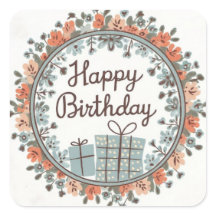 Floral Happy Birthday Sticker with Gift Design