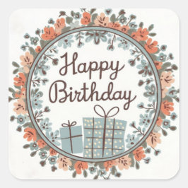 Adesivo Quadrado Floral Happy Birthday Sticker with Gift Design
