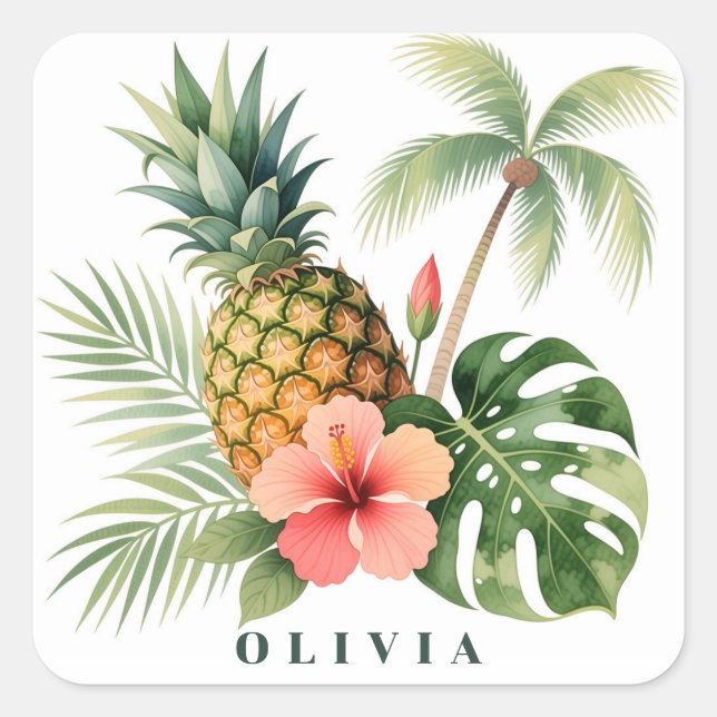 Adesivo Quadrado Floral Hawaii Pineapple & Hibiscus Summer Name (Frente)