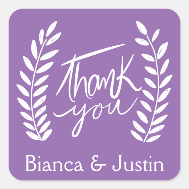 Adesivo Quadrado Floral Obrigado Roxo White Laurel Wreath Nomes (Frente)