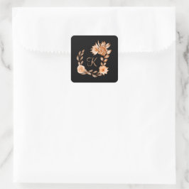 Adesivo Quadrado Floral Preto Marrom e Pêssego Monogramado