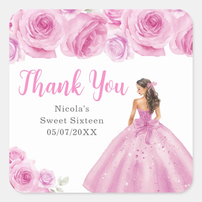 Adesivo Quadrado Floral Princess in a Pink Dress Sweet Sixteen  (Frente)
