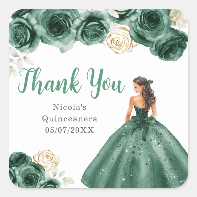 Adesivo Quadrado Floral Princess in Dark Green Dress Quinceanera (Frente)