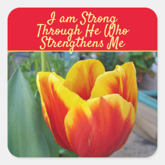 Adesivo Quadrado Floral Red Yellow Tulip God Quote I Am Strong