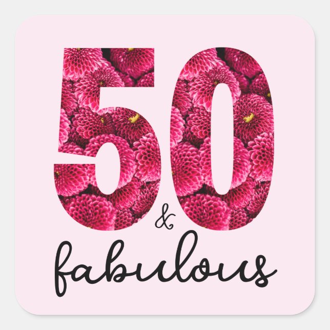 Adesivo Quadrado Floral rosa 50 e Festa de aniversário 50 fabulosa (Frente)
