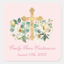 Adesivo Quadrado Floral rosa com batismo Dourado