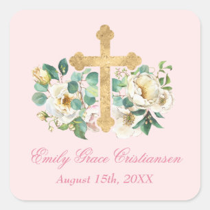 Adesivo Quadrado Floral rosa com batismo Dourado