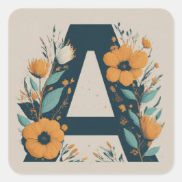Adesivo Quadrado Floral, Verdadeira Inicial Monograma A
