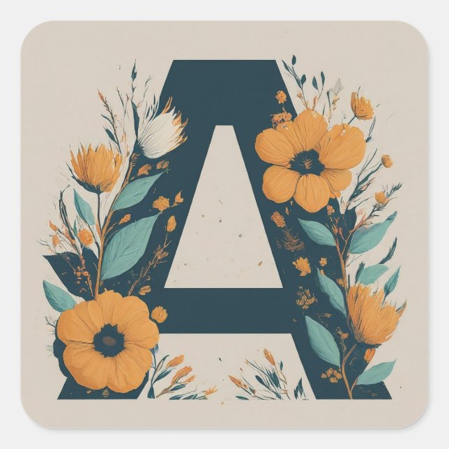 Adesivo Quadrado Floral, Verdadeira Inicial Monograma A (Frente)