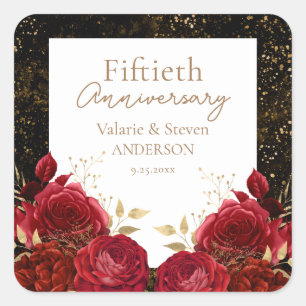 Adesivo Quadrado Floral Vermelho Dourado de 50º Aniversário