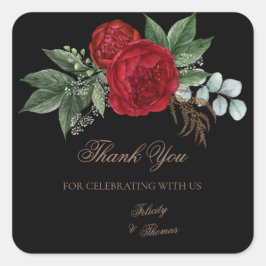 Adesivo Quadrado Floral Vermelho Elegante Preto e Dourado, Obrigado