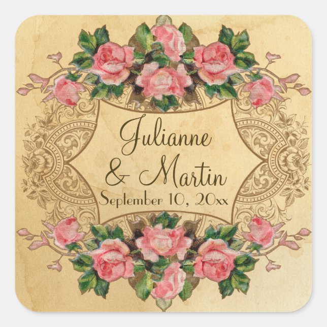 Adesivo Quadrado Floral Vintage Rosas Rosa Modernas Adoram Pássaros (Frente)