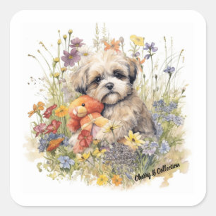 Adesivo Quadrado Floral Watercolor Shih Tzu abraçando um Urso de Te