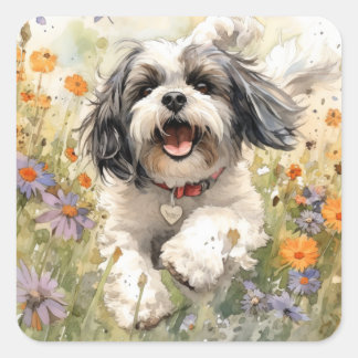 Adesivo Quadrado Floral Watercolor Shih Tzu que corre através da fl