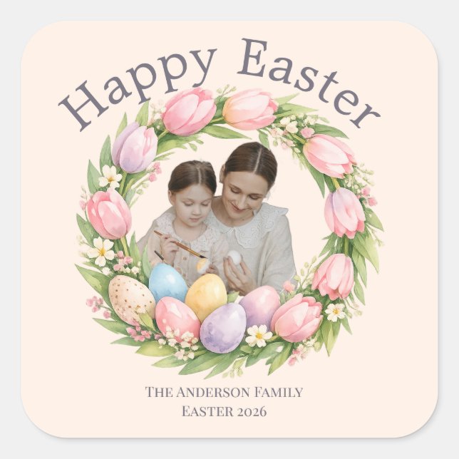 Adesivo Quadrado Floral Wreath & Family Photo Personalized Easter  (Frente)