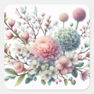 Adesivo Quadrado Flores aquarelas em cores pastosas moles