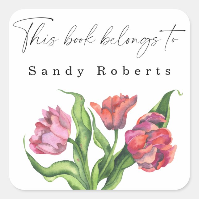 Adesivo Quadrado Flores aquarelas - Este livro pertence a (Frente)